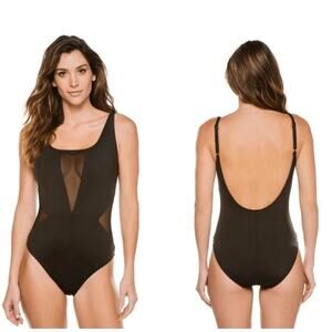 La Blanca Black Mesh Cutout One Piece Open Back Swimsuit Size 8